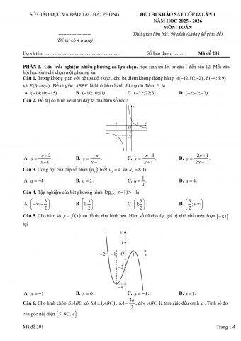 Đề thi thử tốt nghiệp THPT 2026 lần 1 môn Toán của Sở GD&ĐT Hải Phòng